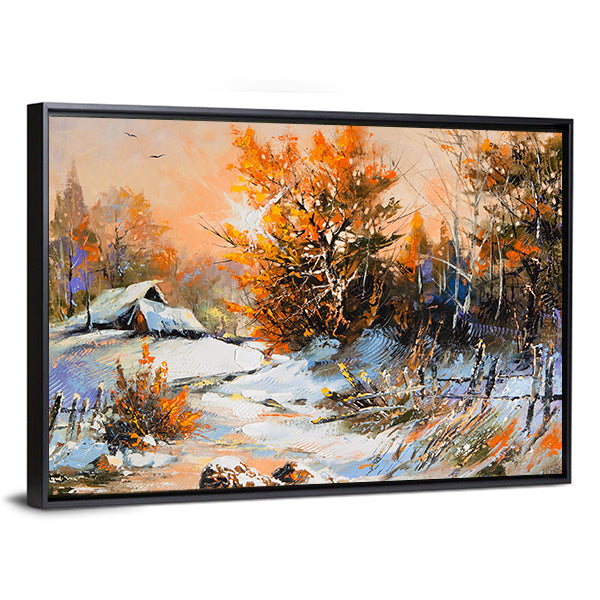 Snow-covered Cabin with Orange Foliage Canvas Wall Art