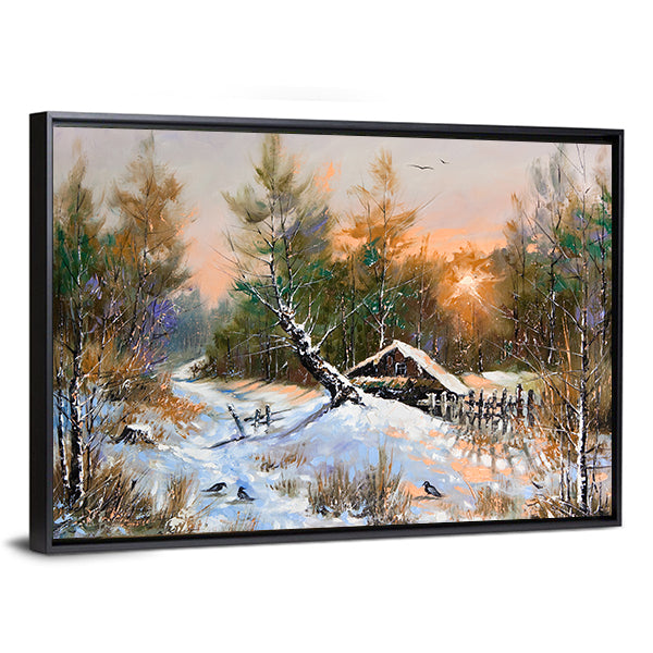 Snowy Cabin in Winter Forest Canvas Wall Art