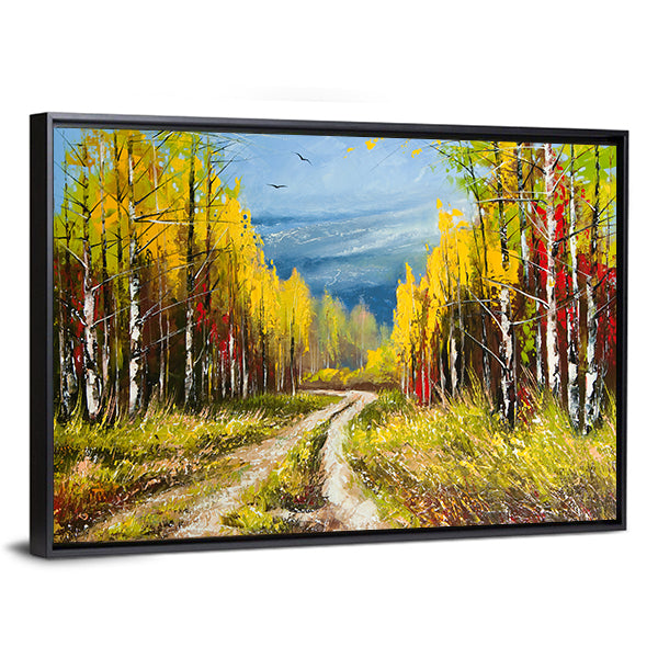 Autumn Forest Path with Birch Trees Canvas Wall Art in yellow, green and blue, framed canvas, product view on a white background