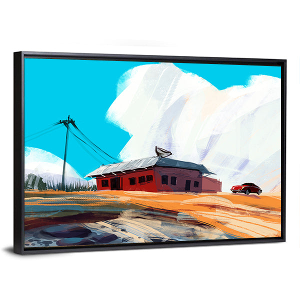 Red House and Vintage Car in Desert Canvas Wall Art