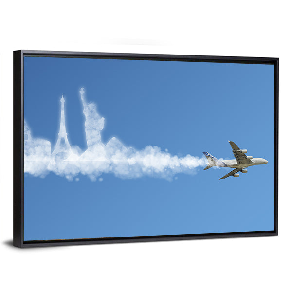 Commercial Jet with Landmark Smoke Trail Canvas Wall Art in white and blue, framed canvas, product view on a white background
