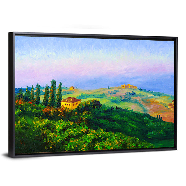 Hilltop Yellow Villa at Sunset Canvas Wall Art in yellow, green and blue, framed canvas, product view on a white background