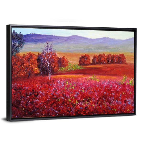 Red Flower Field with White Birch Canvas Wall Art in red, orange and purple, framed canvas, product view on a white background