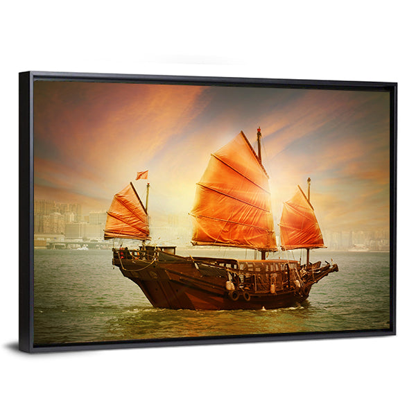 Chinese Junk Boat at Sunset Canvas Wall Art