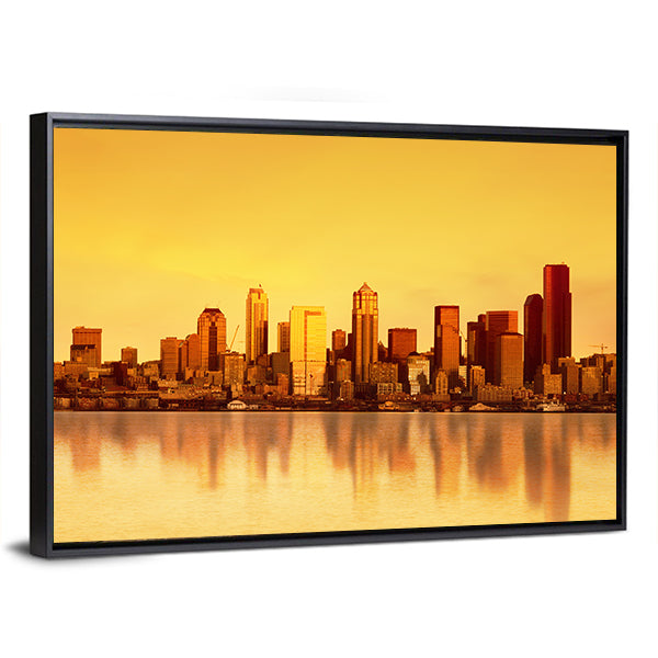Seattle Skyline at Sunset Canvas Wall Art in gold, orange and yellow, framed canvas, product view on a white background