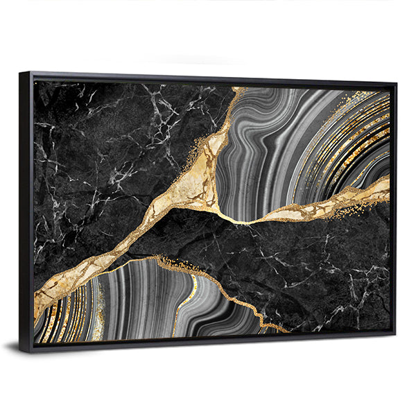 Gold-flecked Marble and Agate Texture Canvas Wall Art in black, gray and gold, framed canvas, product view on a white background