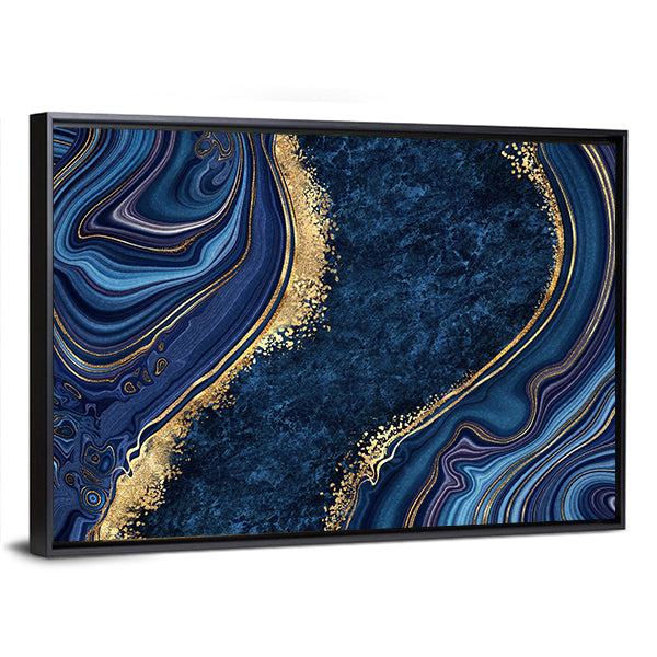 Blue Agate with Gold Veins Canvas Wall Art in gold, blue and navy, framed canvas, product view on a white background
