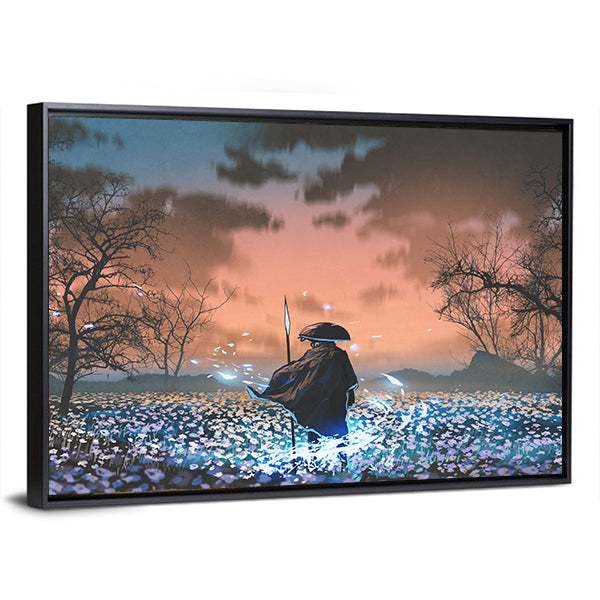 Ancient Samurai in Flowered Meadow Canvas Wall Art