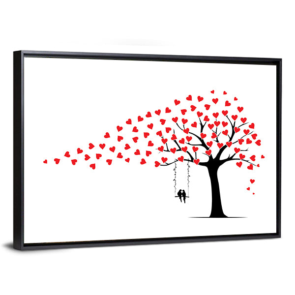 Tree with Heart Leaves and Couple on Swing Canvas Wall Art