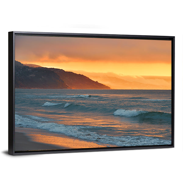 Golden Summer Sea Sunset Canvas Wall Art in orange, yellow and blue, framed canvas, product view on a white background