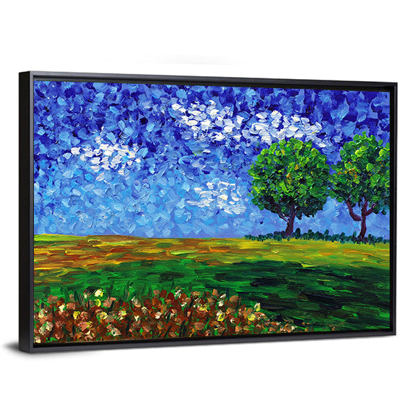 Green Meadow Abstract Landscape Canvas Wall Art in yellow, green and blue, framed canvas, product view on a white background