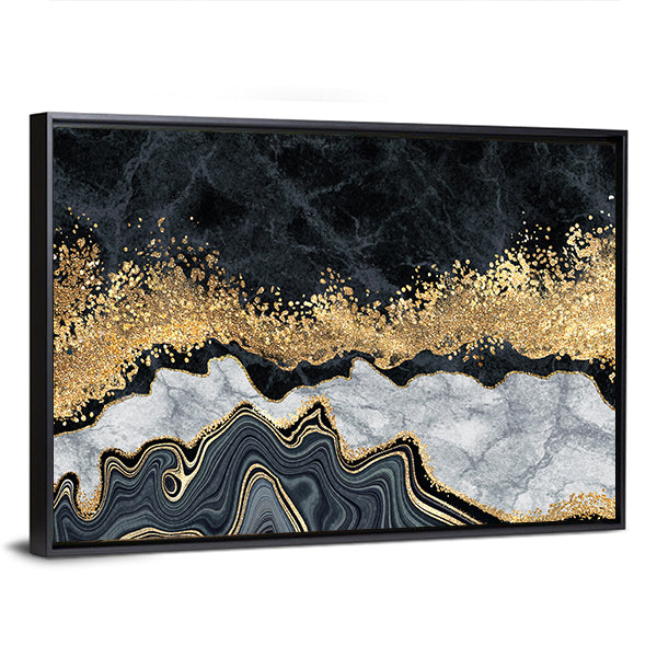 Gold-accented Black and White Marble Abstract Canvas Wall Art in black, gray and gold, framed canvas, product view on a white background
