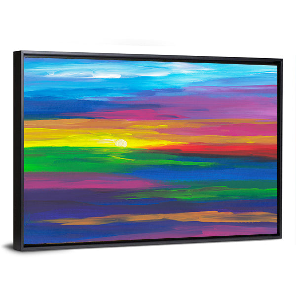 Abstract Sunset Landscape with Impasto Sun Canvas Wall Art in yellow, blue and multicolor, framed canvas, product view on a white background