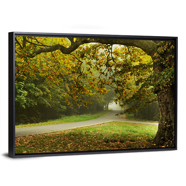 Misty Autumn Forked Path Canvas Wall Art in brown, yellow and green, framed canvas, product view on a white background