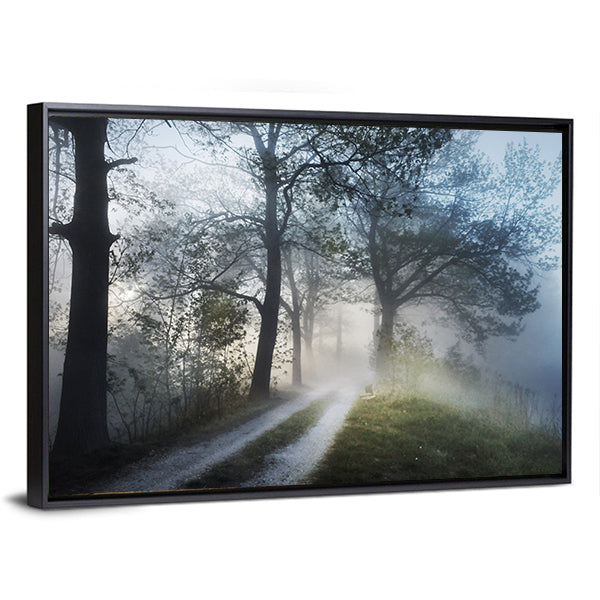 Foggy Forest Path at Sunrise Canvas Wall Art in white, gray and green, framed canvas, product view on a white background