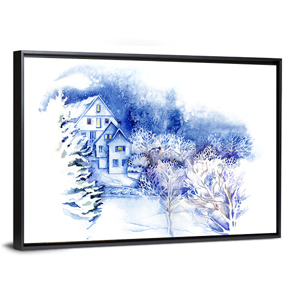 Snow-covered Houses Watercolor Landscape Canvas Wall Art
