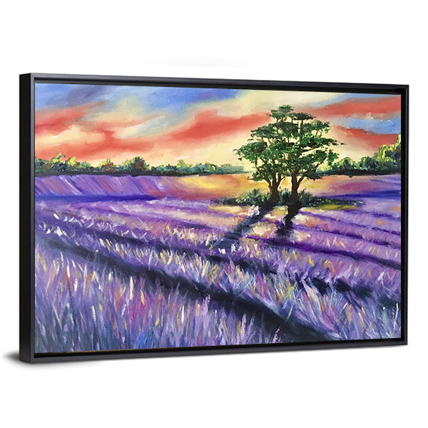 Lavender Field at Golden Sunset Canvas Wall Art