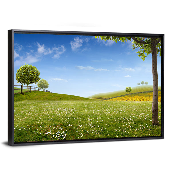 Summer Green Fields with Daisies Canvas Wall Art in white, green and blue, framed canvas, product view on a white background