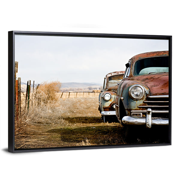 Rusty Vintage Cars in Rural Field Canvas Wall Art in white, beige and brown, framed canvas, product view on a white background