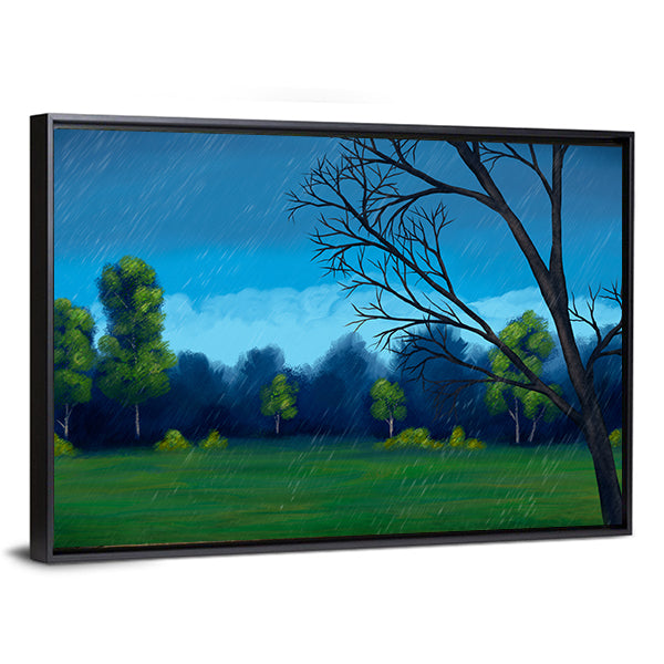 Rainy Green Field with Bare-branched Tree Canvas Wall Art in green and blue, framed canvas, product view on a white background