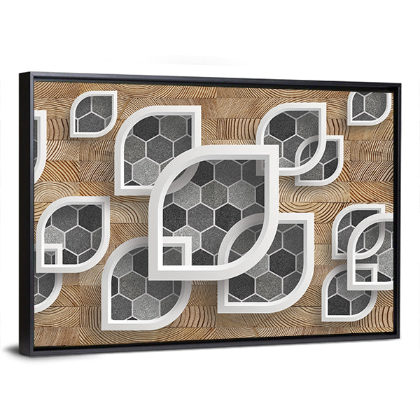 Layered Geometric Leaves with Wood Grain Canvas Wall Art