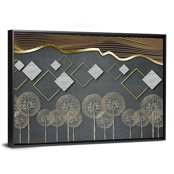Geometric Trees with Gold Wave and Marble Diamonds Canvas Wall Art