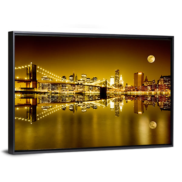 Moonlit Brooklyn Bridge and Lower Manhattan Canvas Wall Art