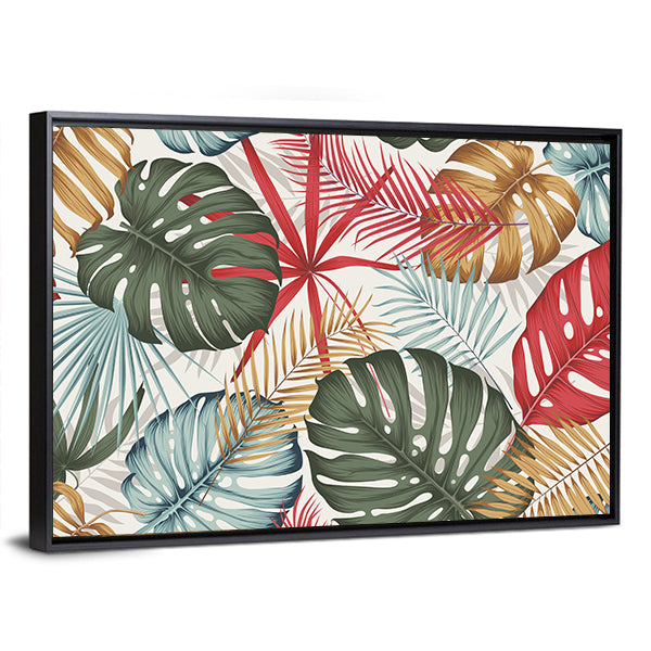 Seamless Colorful Monstera and Palm Leaves Canvas Wall Art