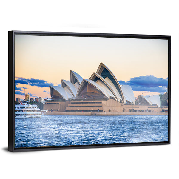 Sydney Opera House at Sunset Canvas Wall Art in beige, orange and blue, framed canvas, product view on a white background