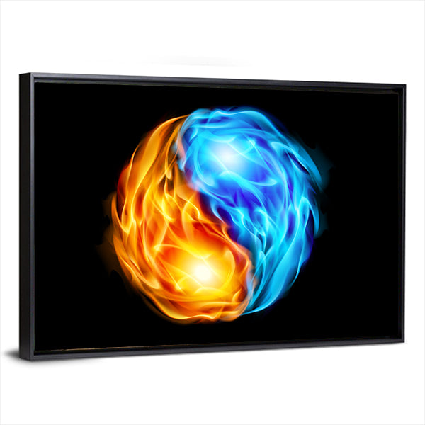 Yin Yang Symbol with Fire and Ice Canvas Wall Art in black, orange and blue, framed canvas, product view on a white background