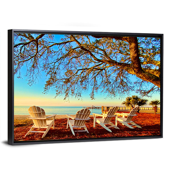 Four White Adirondack Chairs at Sunset Canvas Wall Art