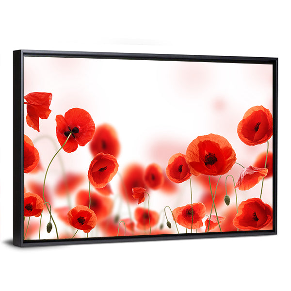 Poppy Flowers Field Canvas Wall Art in white and red, framed canvas, product view on a white background