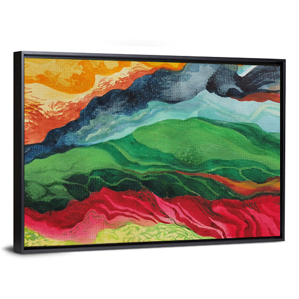Vintage African Fabric Abstract Landscape Canvas Wall Art in red, green and multicolor, framed canvas, product view on a white background