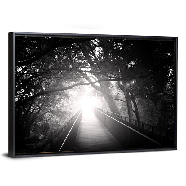 Wooden Bridge Into Sunlit Forest Canvas Wall Art