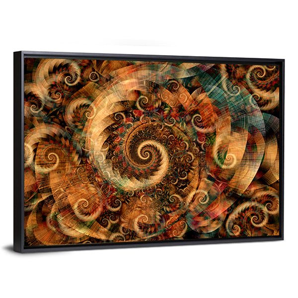 Fractal Spiral Swirls in Warm Earth Tones Canvas Wall Art in brown, gold and orange, framed canvas, product view on a white background