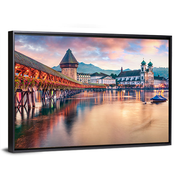 Old Wooden Chapel Bridge Kapellbrucke In Switzerland Canvas Wall Art