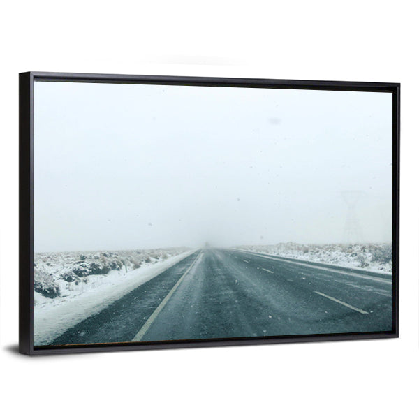 Mountain Road in Winter Storm Canvas Wall Art in black, white and gray, framed canvas, product view on a white background