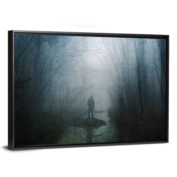 Silhouette at Stream in Misty Forest Canvas Wall Art