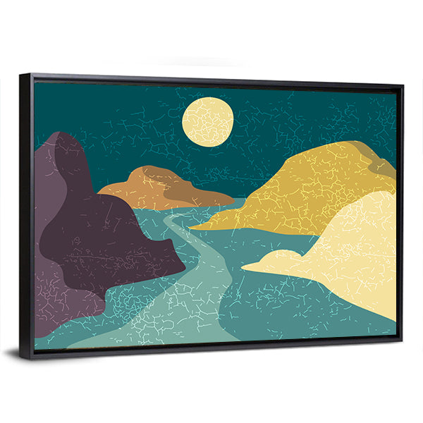 Teal and Purple Moonlit Mountain Abstract Canvas Wall Art