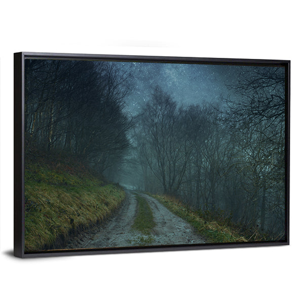 Foggy Forest Path Under Starry Sky Canvas Wall Art in black, green and blue, framed canvas, product view on a white background