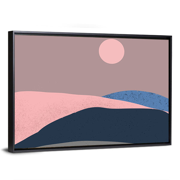 Minimalist Mountain Landscape Canvas Wall Art in blue, navy and pink, framed canvas, product view on a white background