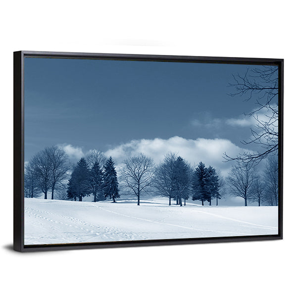 Snowy Field with Evergreens and Tracks Canvas Wall Art