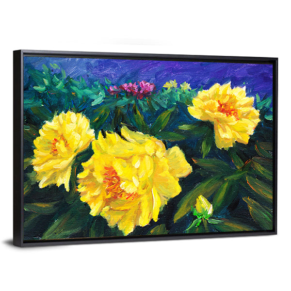 Blooming Yellow Peonies with Textured Blue Background Canvas Wall Art in yellow, green and blue, framed canvas, product view on a white background