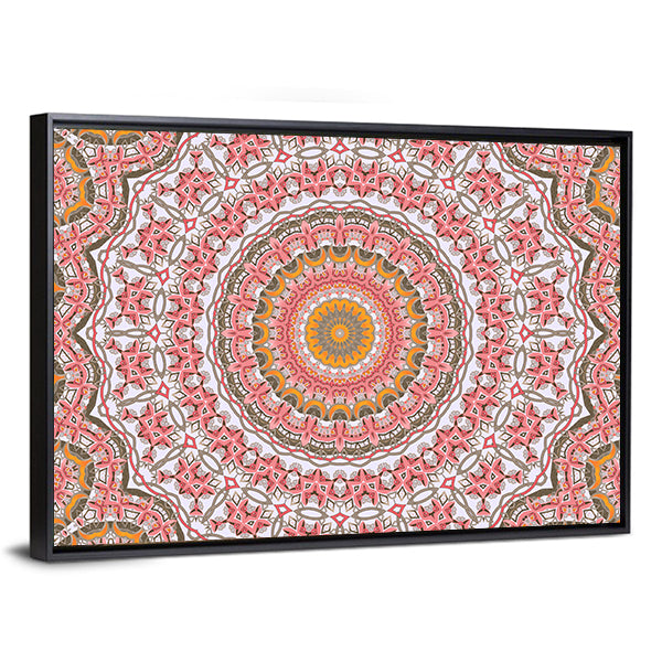 Round Mosaic Mandala Canvas Wall Art in white, orange and pink, framed canvas, product view on a white background