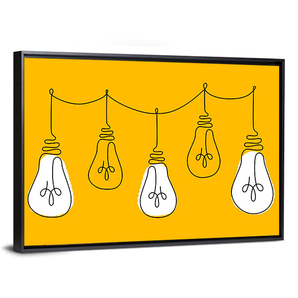 Five Light Bulbs Line on Yellow Canvas Wall Art