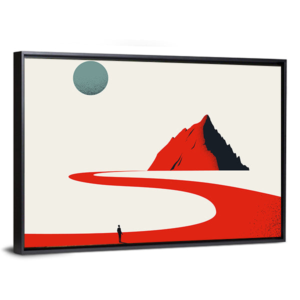 Solitary Figure on Red Path to Geometric Mountain Canvas Wall Art