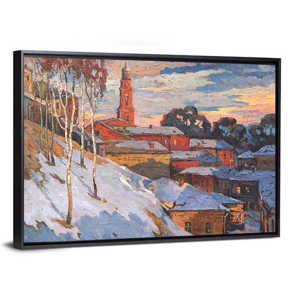 Snowy Hillside Town with Belfry Tower Canvas Wall Art