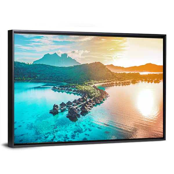 Bora Bora Overwater Bungalows at Sunset Canvas Wall Art in orange, yellow and blue, framed canvas, product view on a white background