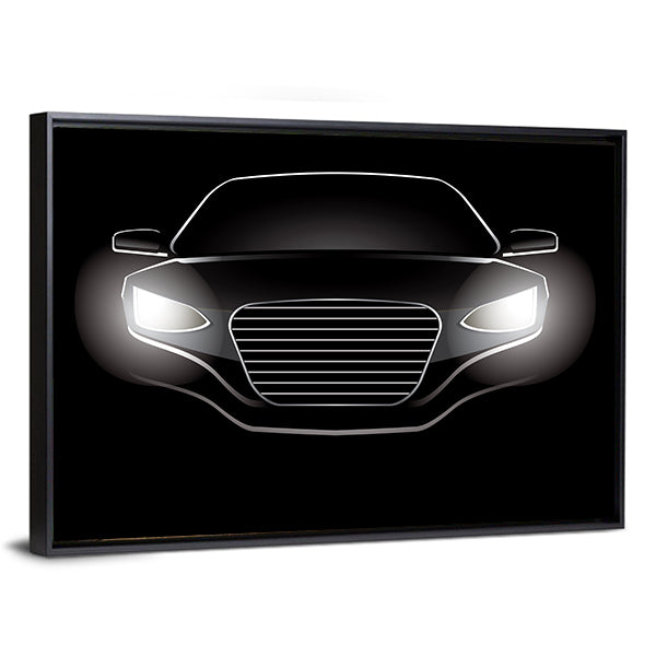 Black Car Silhouette with Glowing Headlights Canvas Wall Art in black and white, framed canvas, product view on a white background