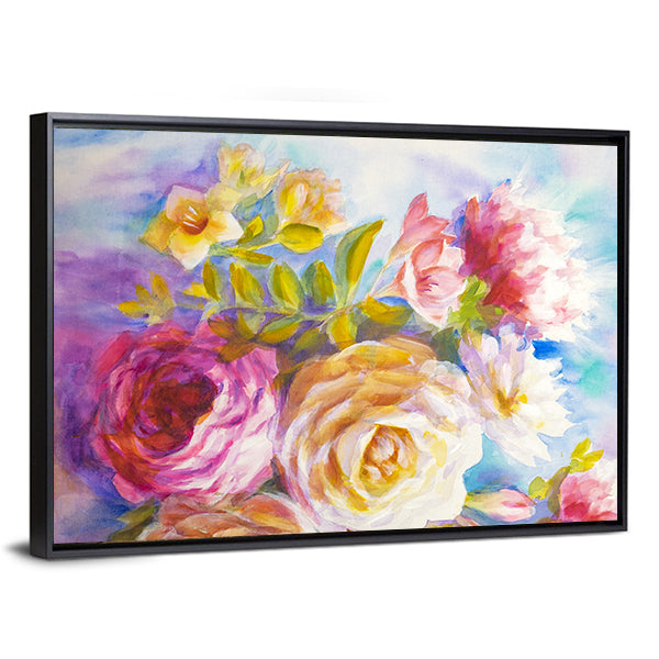 Roses and Peonies Bouquet Canvas Wall Art in yellow, pink and multicolor, framed canvas, product view on a white background